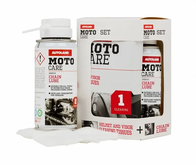 Cenově Výhodný MOTO CARE - mazivo na řetězy SPRAY 100 ml + čistící utěrky na přilbu